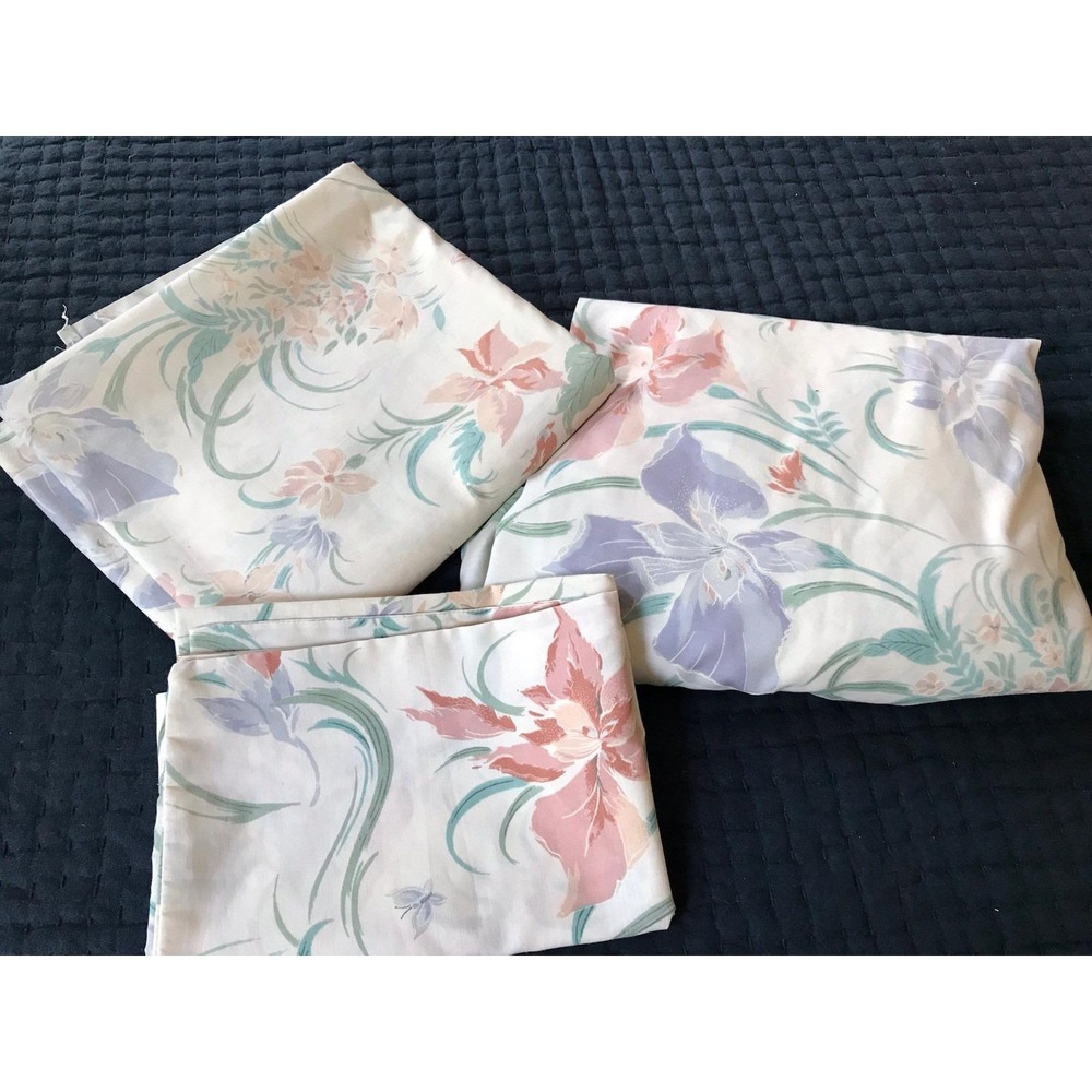 Vintage Floral Sheet Set Flat + Fitted Pastel Flowers Cottage 3 pc Cannon? Pink